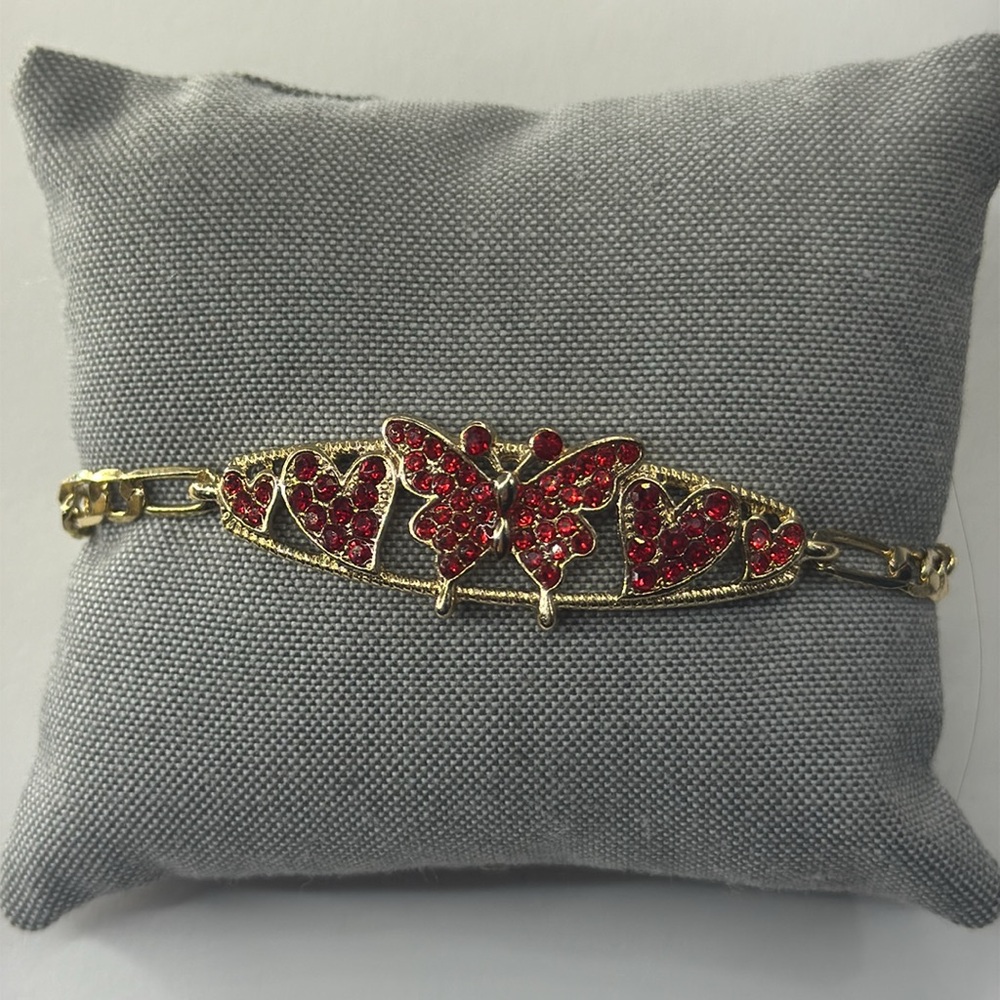 14k gold plated Elegant Gold Butterfly Bracelet with Red Accents